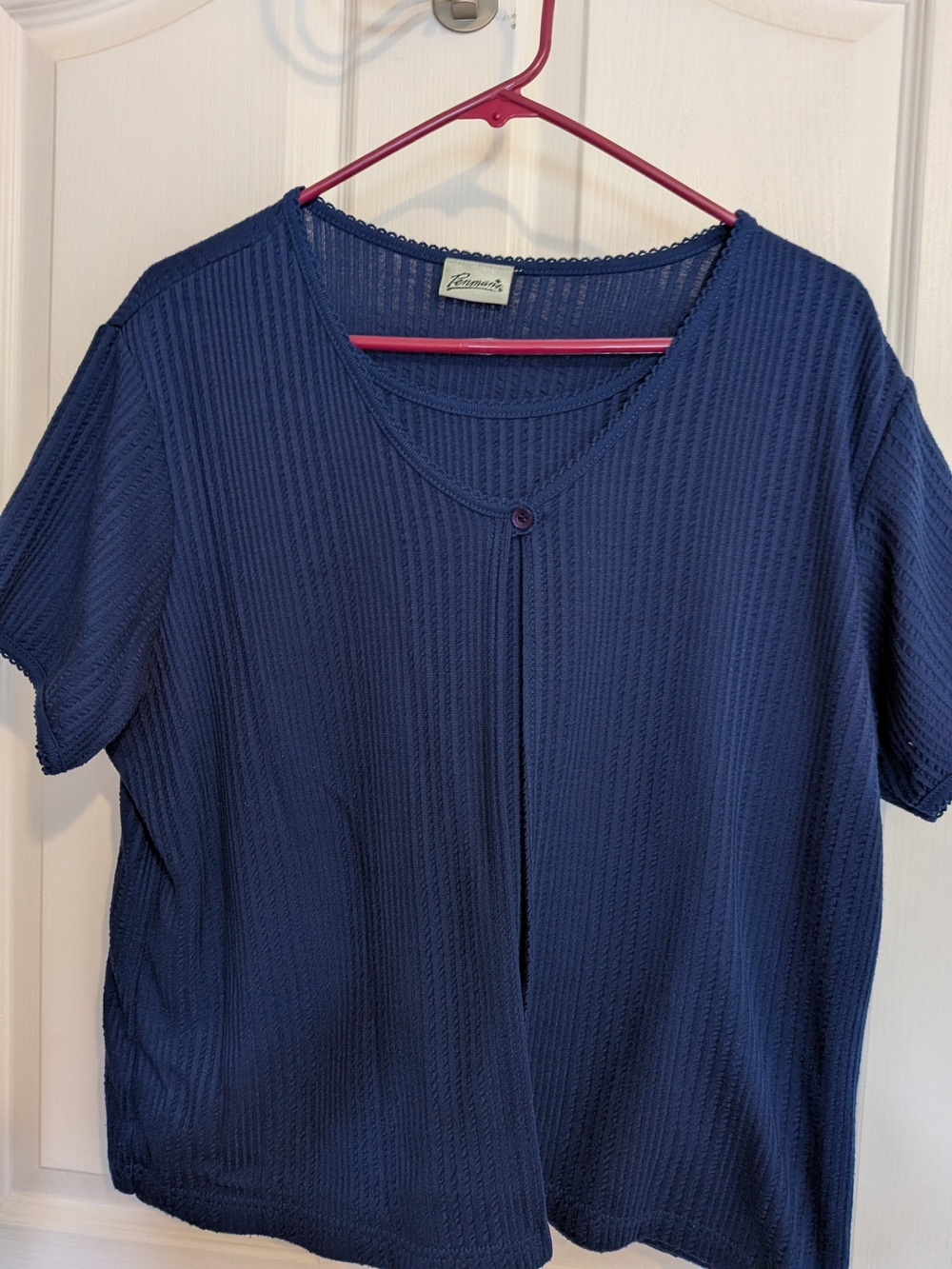Lenox Navy Ribbed Short Sleeve Button-Front Knit Top